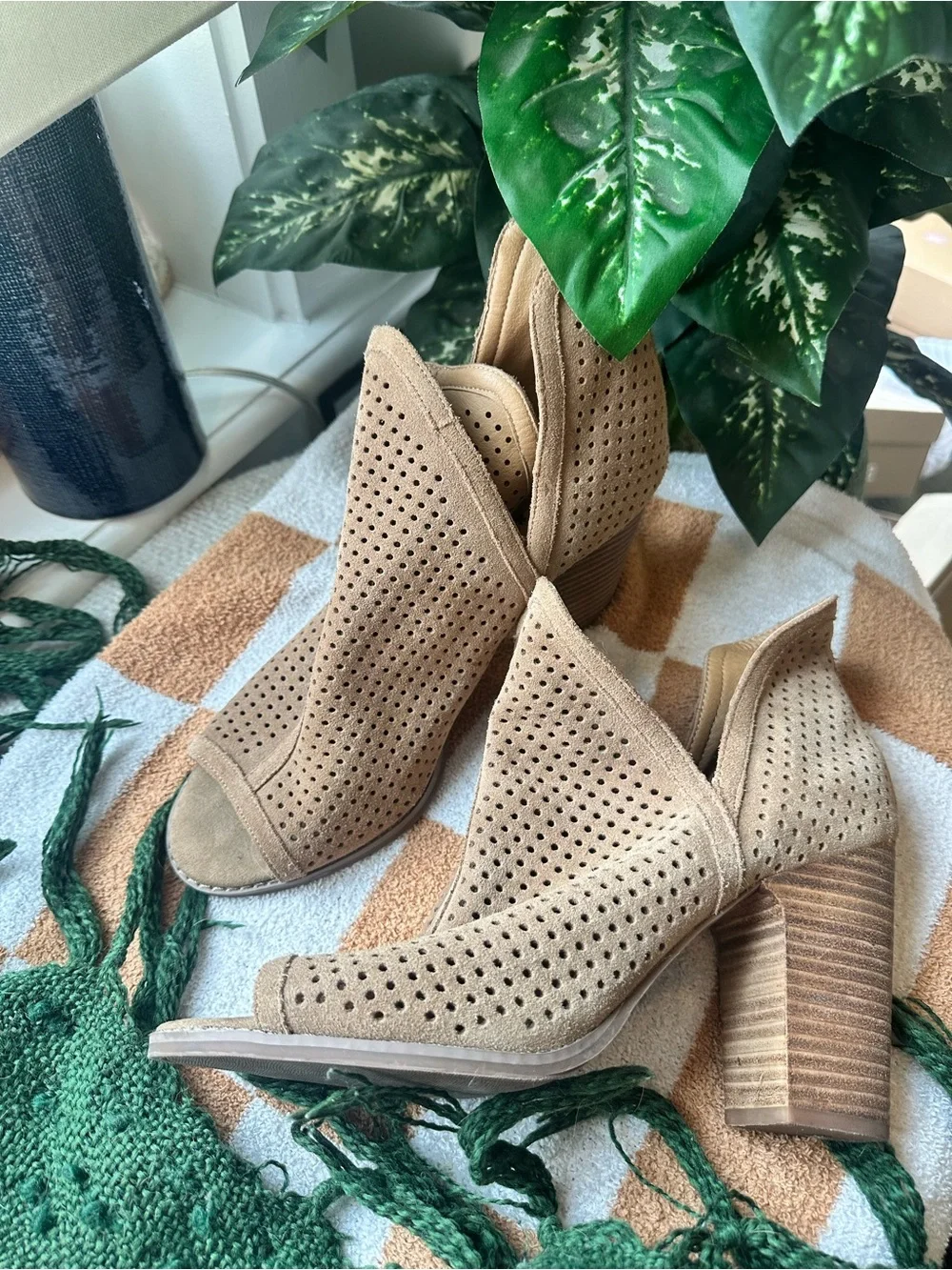 Lucky Brand Taupe Perforated Open-Toe Suede Booties